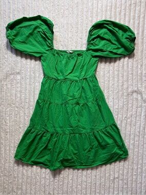 Sim&Sam Green Solid A-Line Square Neck Puff Sleeve Smocked Mini Dress Size S